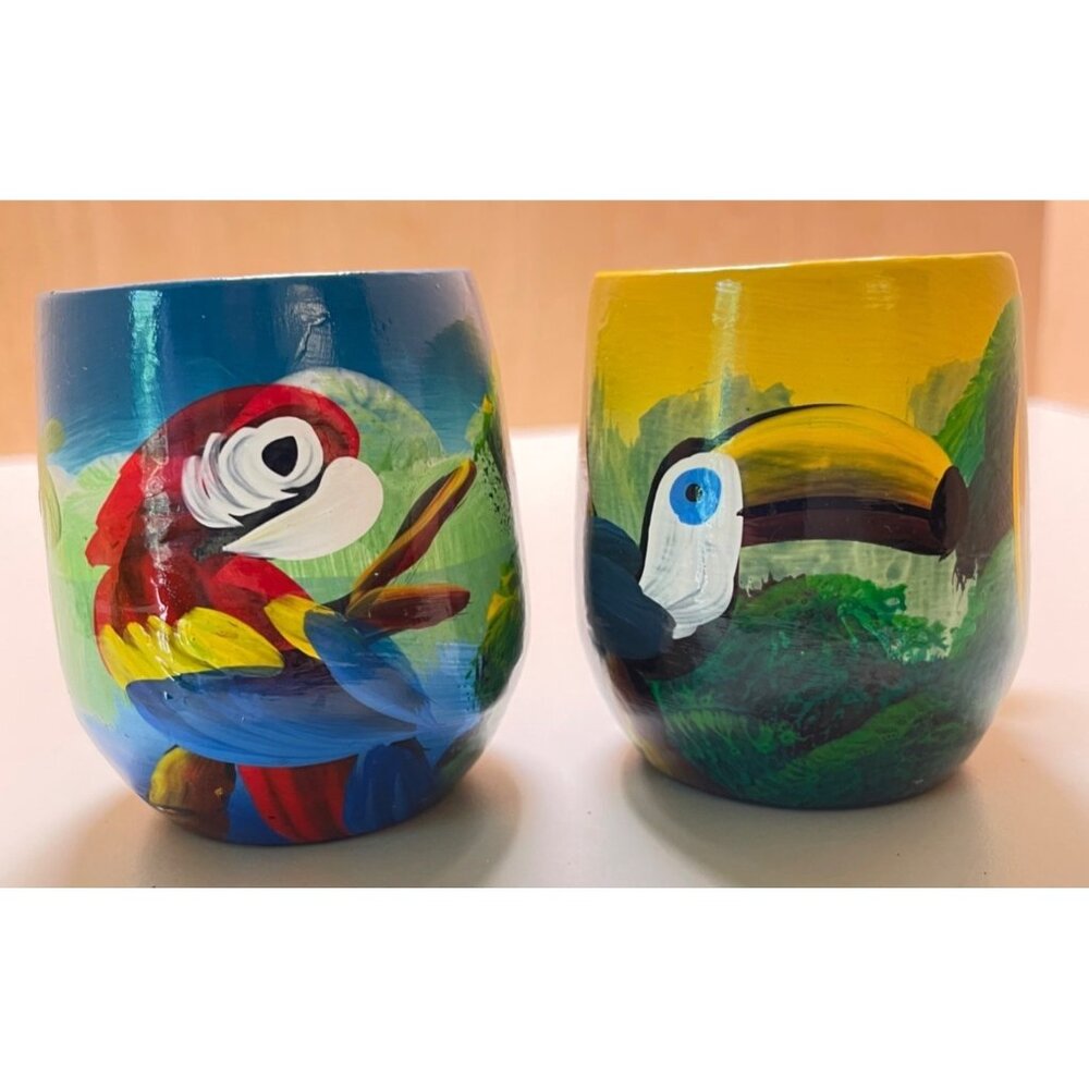 Set of Hand Painted small Mugs/planters with Tropical Birds, Handled from Mexico